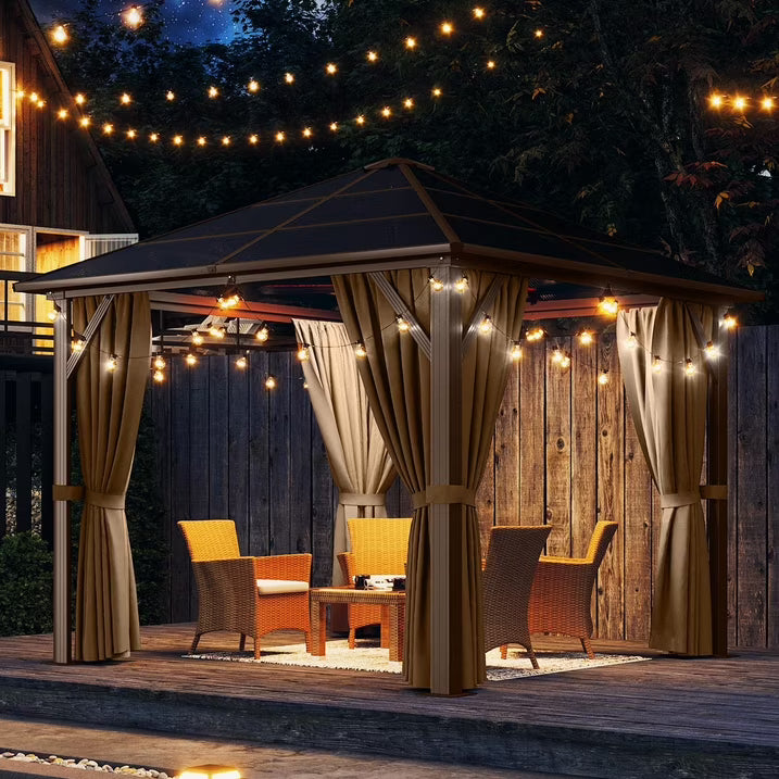 Aoxun 10 ft. x 10 ft. Hardtop Gazebo, Outdoor Aluminum Frame Permanent Pavilion with Curtains and Netting, Brown
