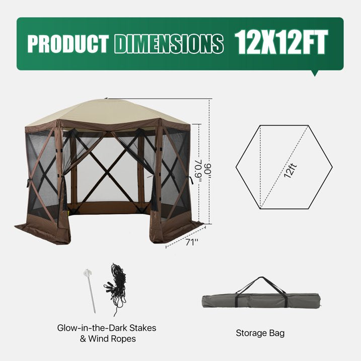 Clouddwell 12x12 FT Outdoor Pop-up Gazebo Tent, 6-Sided Screen Room with Waterproof UV-Blocking Canopy, Includes Carry Bag, Stakes & Ropes, Brown