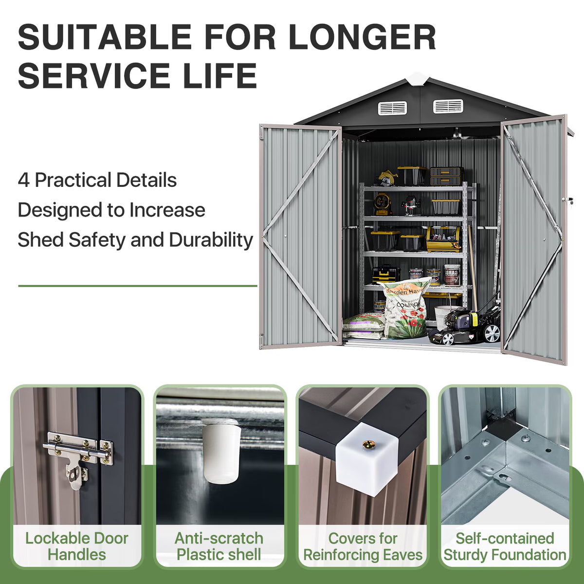 Dateyes 6X4FT Outdoor Storage Shed with Plastic Floor, Metal Tool Shed with Lockable Door and Vents, Patio Shed for Garden, Backyard, Poolside, Brown