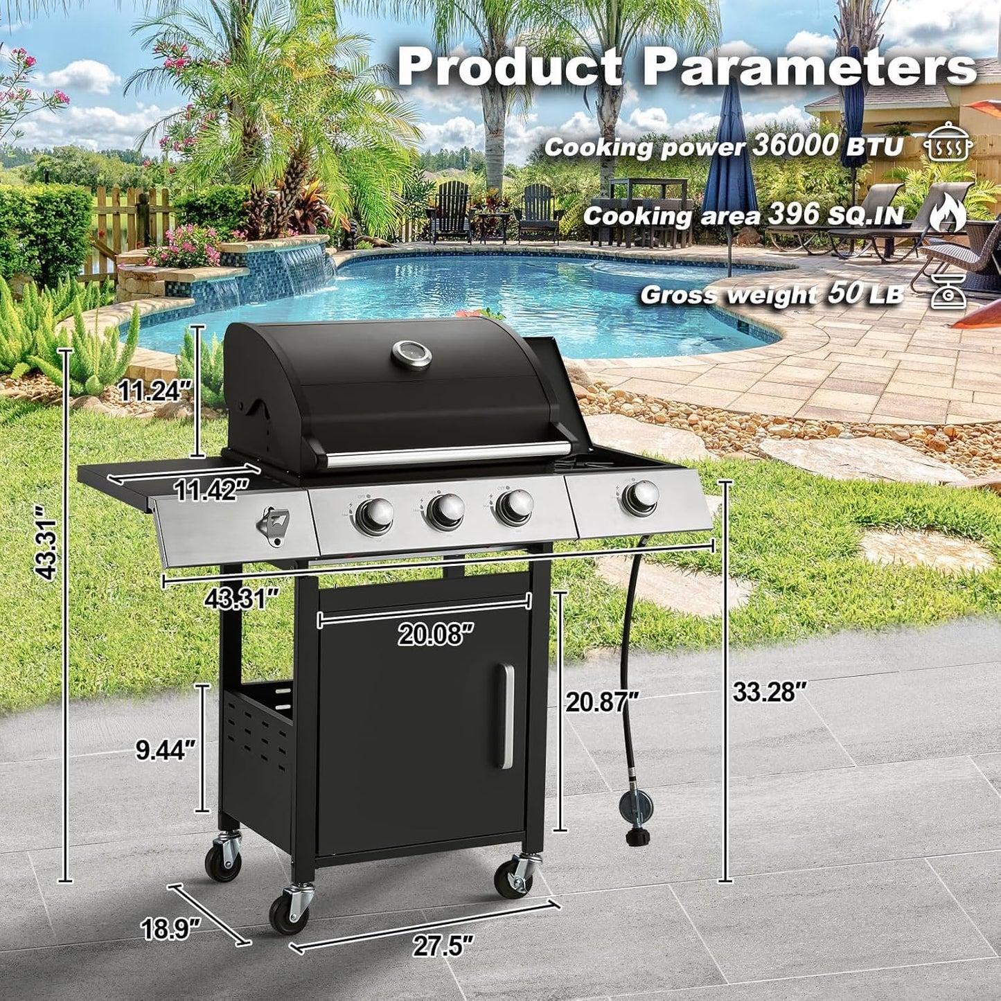 Clouddwell Stainless Steel Burner Barbecue Grill, 3 Burner BBQ Propane Gas Grill with Cast Iron Grates & Side Stove for Patio, Camping, Outdoor Cooking