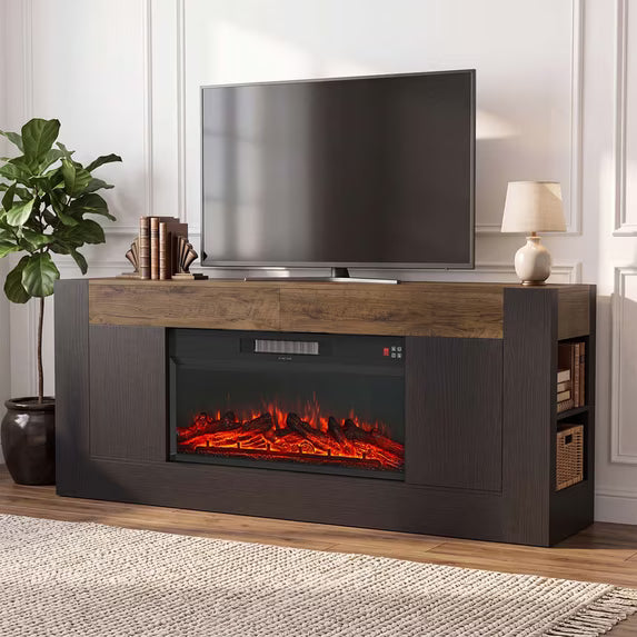 Sonergra Farmhouse Fireplace TV Stand for TVs up to 80 Inch Rustic Wood,70 Inch Electric Fireplace Entertainment Center with Drawers Cabinets and Open Storage Shelves for Living Room,Black