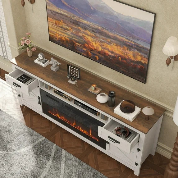 Sonegra Fireplace TV Stand with Barn Door for TVs up to 80", Farmhouse 70" Fireplace Entertainment Center, TV Console with Storage Cabinets for Living Room, White