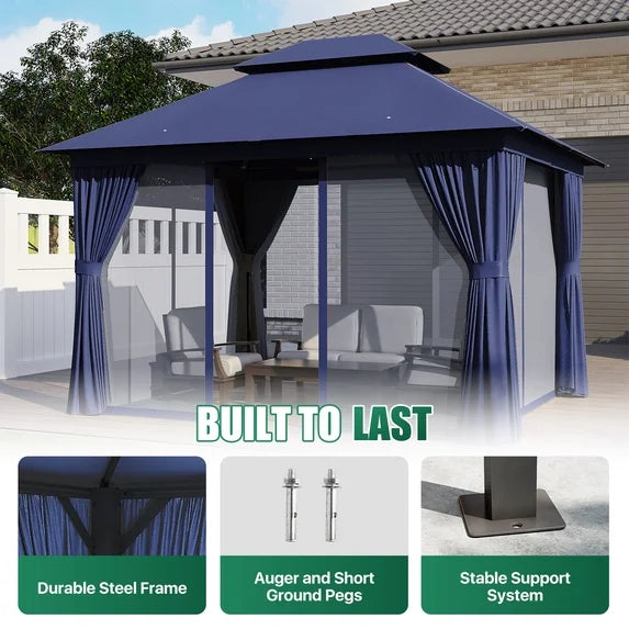 Clouddwell 10'x 12' Patio Gazebo Double Roof Protection All-Weather Outdoor Shelter Features Insect Screens & Privacy Curtains Ideal for Backyard, Lawn, (Blue)