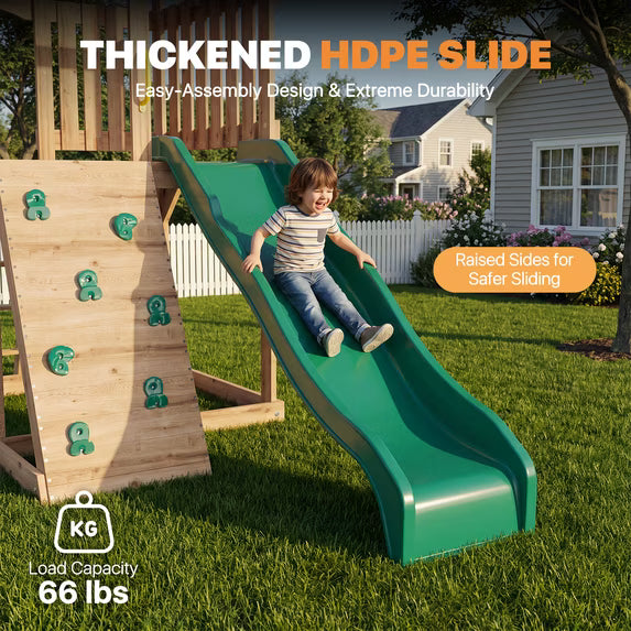 Clouddwell Wood Swing Set with Wave Slide, Play Deck, Rock Wall Ladder, Belt Swings, Chalkboard, Canopy Roof, Outdoor Playset