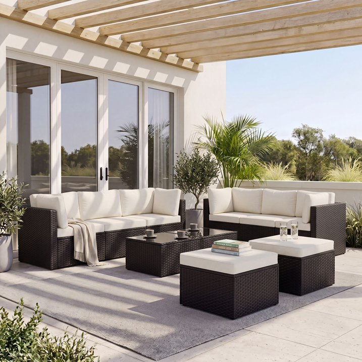 Dateyes 10 Pieces Patio Furniture Set, All-Weather Wicker Rattan Patio Sectional Sofa Set with Coffee Table and Waterproof Cover(Off-White)