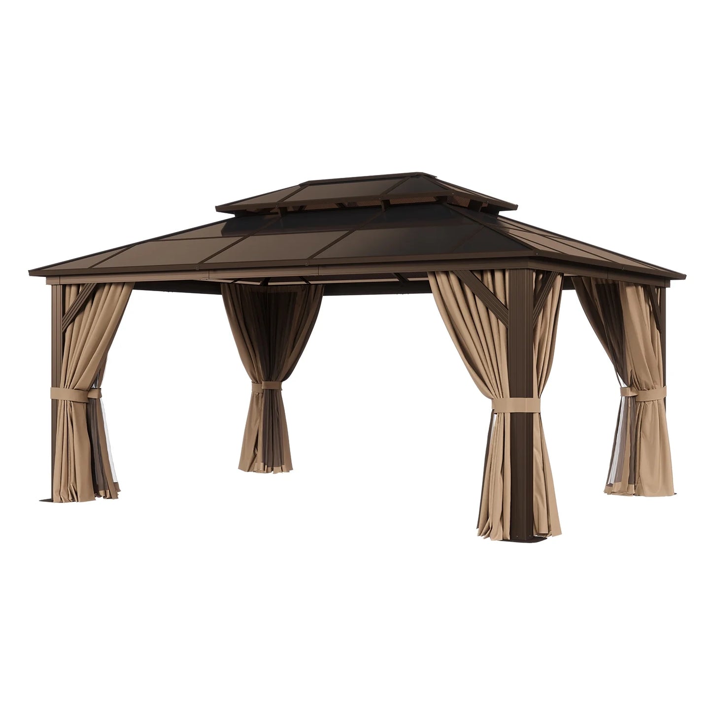 Sunmthink 12'x16' Hardtop Steel Gazebo - Durable Polycarbonate Double-Roof Design with Included Privacy Curtains & Bug Netting - Ideal for Gardens, Patios and Backyards (Brown)