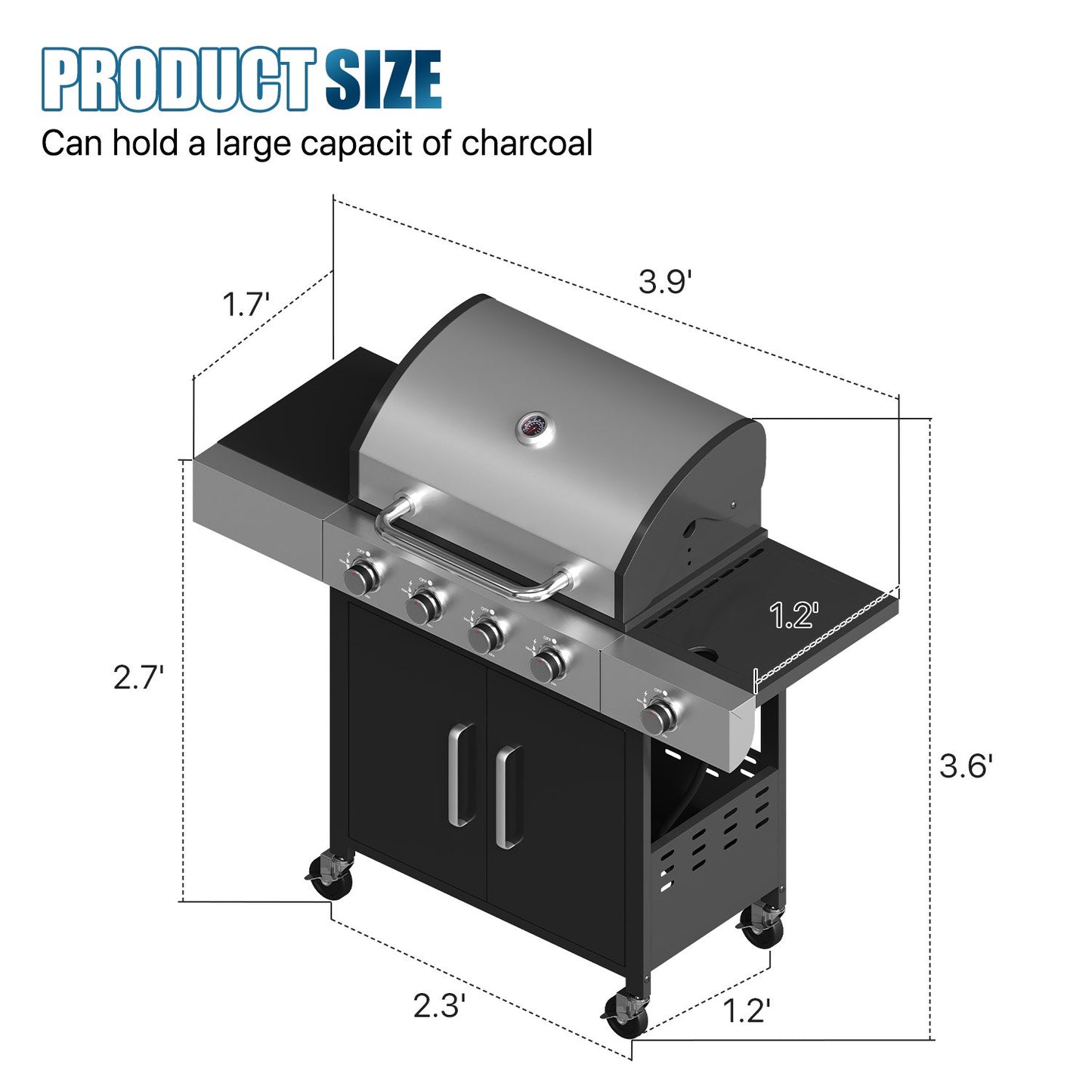 Sunmthink 4 Burner Propane Gas Grill, Stainless Steel, Built-in Thermometer, 4 Swivel Casters, and Side Table, Suitable for Camping, Outdoor Cooking, Patio, and Garden