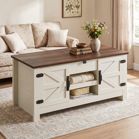 Sonergra Lift Top Coffee Table with Storage, Farmhouse Living Room Table with Charging Station & Barn Doors, White