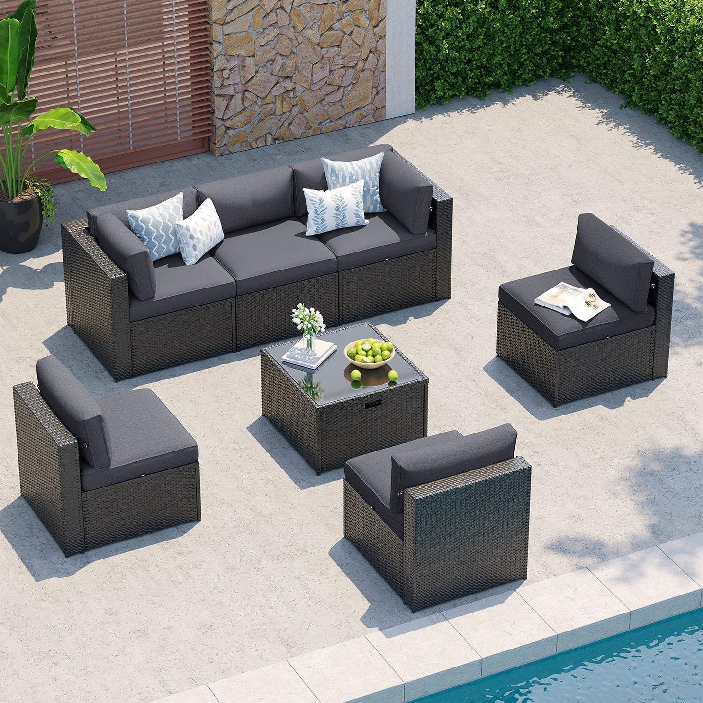 Clouddwell 7-Piece Patio Furniture Set On Sale, Black Rattan Wicker Outdoor Sectional Sofa Couch with Table Patio Conversation Set for Lawn& Backyard,Gray