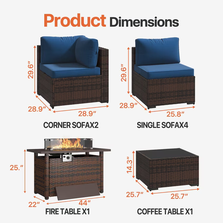 Dateyes 8-Piece Outdoor Patio Furniture Set with 44" Fire Pit Table, All-Weather Wicker Rattan Sectional Sofa with Coffee Table(Blue)