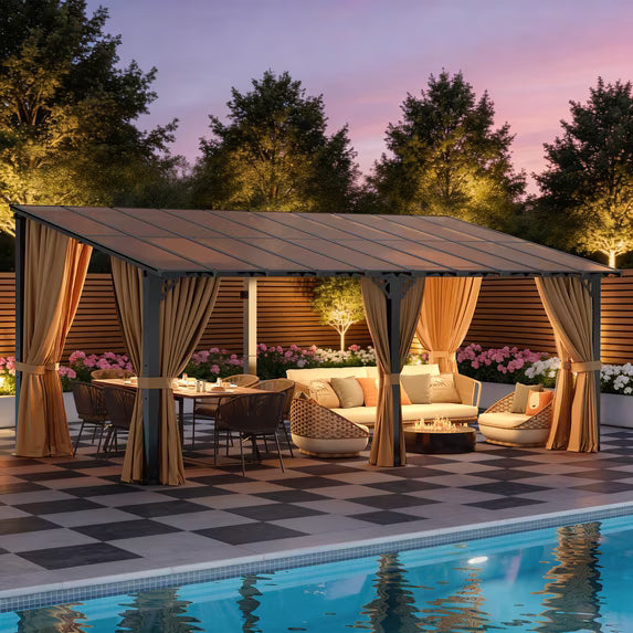 LazySunsets 10x20 FT Wall-Mounted Aluminum Gazebo Polycarbonate Roof with Full Mosquito Netting & Privacy Curtains