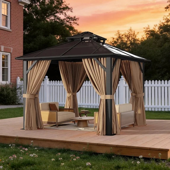 Clouddwell 10'x10' Hardtop Gazebo - Polycarbonate Double Roof with Netting & Curtains for Patio, Garden Sun Protection,Brown