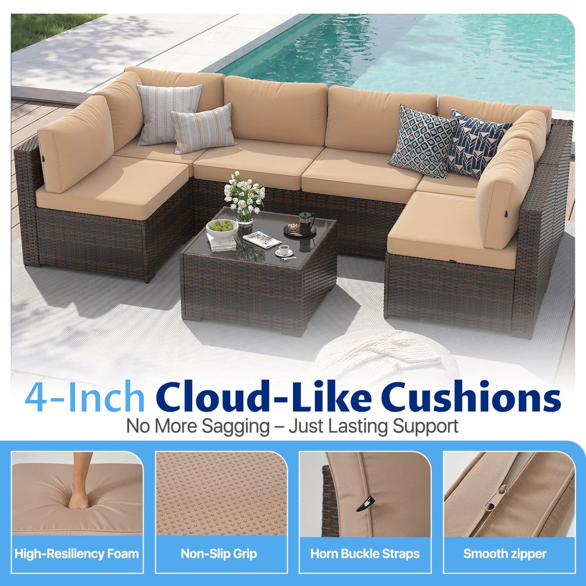 Sunmthink 7-Piece Wicker Patio Furniture Sets, Outdoor Conversation Set with 4 Inches Thick Cushions and Coffee Table