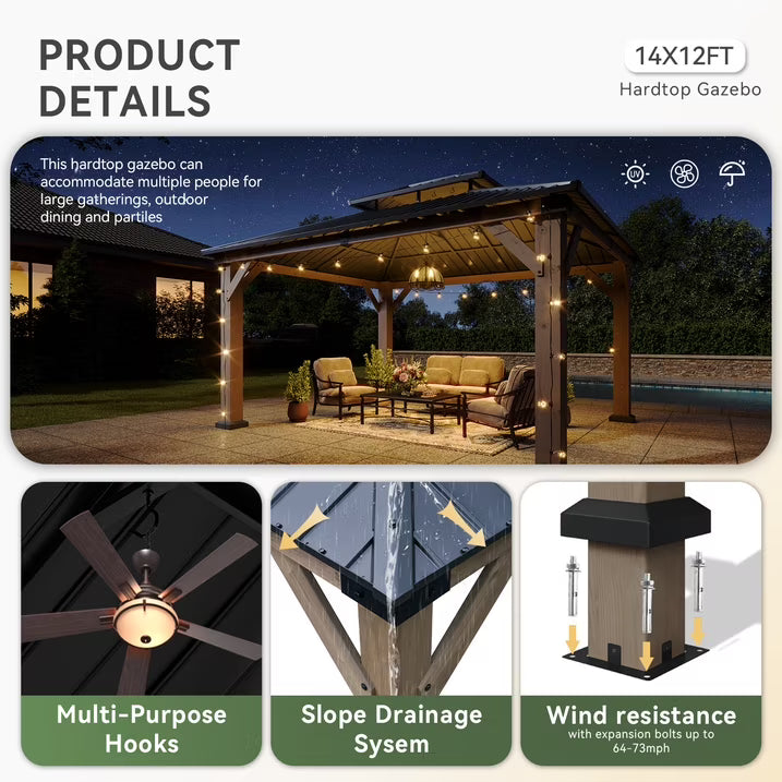 Aoxun 12' x 14' Outdoor Wood Gazebo, Hardtop Gazebo Permanent Wooden Pavilion with Galvanized Steel Double Roof, for Patio, Garden, Deck, Cedar Wood
