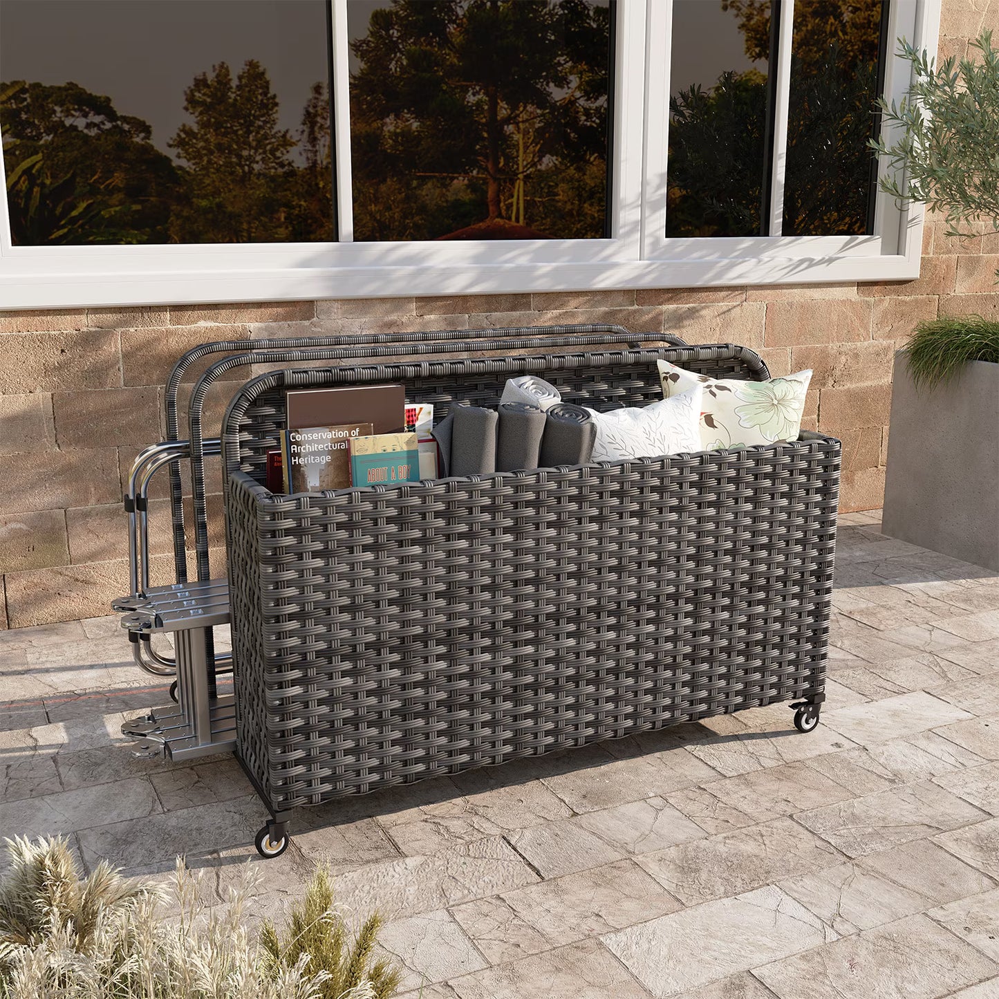 Sunmthink Outdoor Poolside Storage Cart with Wheels, 3-Tier Wicker Towel & Toy Organizer for Pool, Gray