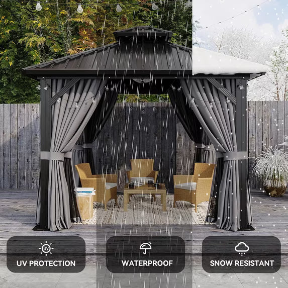Aoxun 10'x10' Hardtop Gazebo, Aluminum Frame Canopy with Double Galvanized Steel Roof, Outdoor Metal Pavilion with Netting, Curtains for Backyard, Patio and Deck