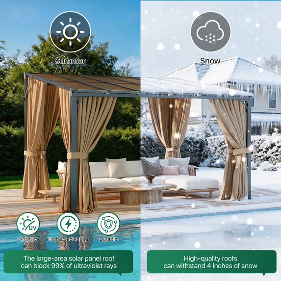 LazySunsets 10x12 FT Wall-Mounted Aluminum Gazebo Polycarbonate Roof with Full Mosquito Netting & Privacy Curtains