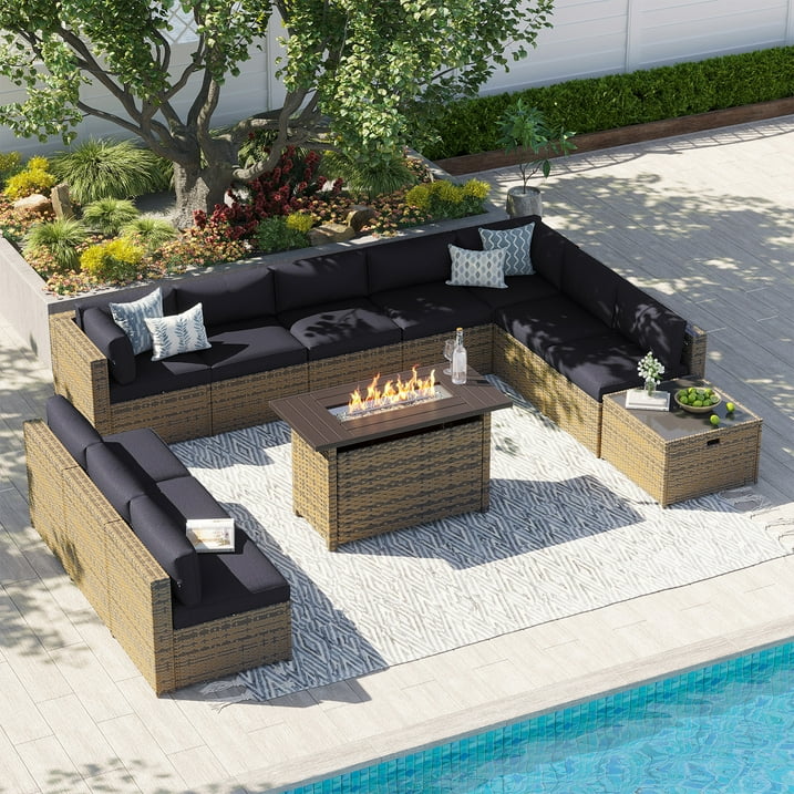 Clouddwell 12 Piece Patio Furniture Set with 44” Fire Pit Table Wicker Rattan Patio Conversation Set Outdoor Sectional Sofa Set with Coffee Table and Black Cushions(Waterproof Cover Included)
