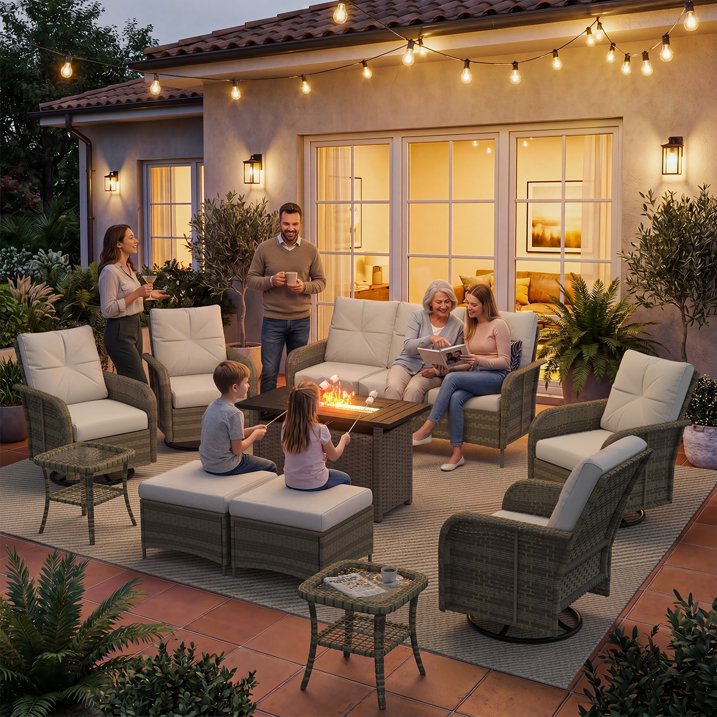Sunmthink 10-Piece Patio Furniture Set, High Back Swivel Rocker Chairs with Thick Cushions, Wicker Rattan Outdoor Sectional Sofa with Fire Pit & Ottoman, Gray