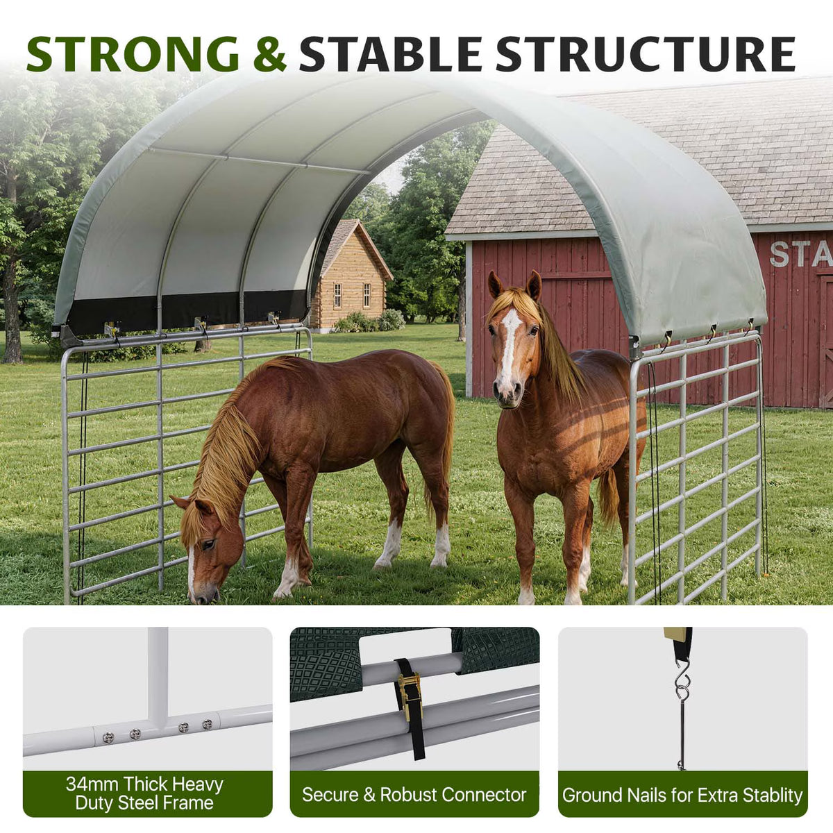 Dateyes 12' x 12' Corral Shelter Shed, Horse Shelter, Livestock Shade, Waterproof & UV Treated Cover, Quick Assembly for Horses, Goats, and Farm, Green