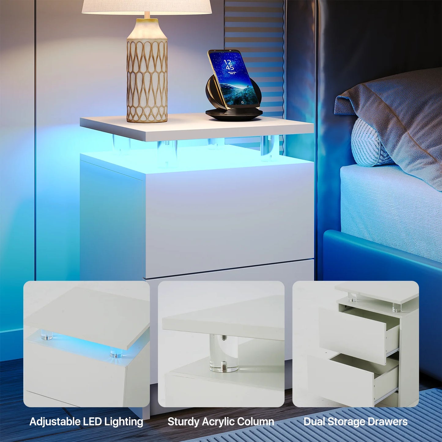 Sonegra Nightstand Set of 2 with Charging Station, LED End Table with 2 Storage Drawers, Sofa Side Table for Living Room and Bedroom, White 15IN
