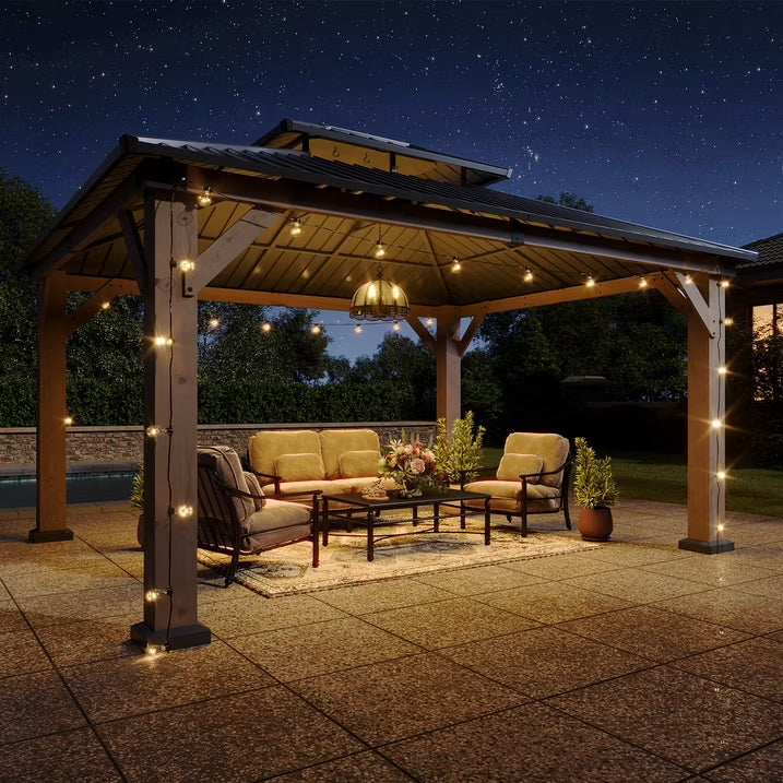 Aoxun 12' x 14' Outdoor Wood Gazebo, Hardtop Gazebo Permanent Wooden Pavilion with Galvanized Steel Double Roof, for Patio, Garden, Deck, Cedar Wood