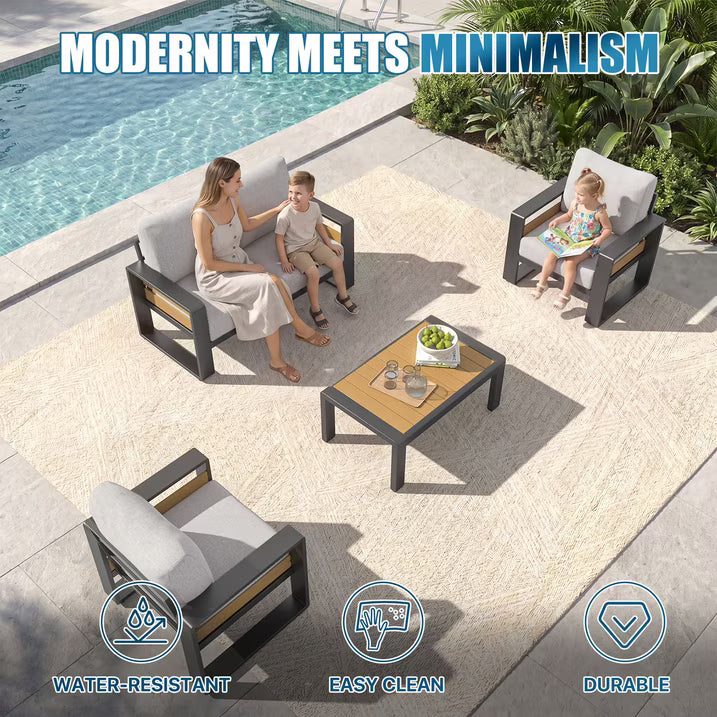 Clouddwell 4-Seats Aluminum Patio Furniture Set, Outdoor Metal Sofa Conversation Set with Coffee Table for Pool Garden Porch Backyard, Light Gray