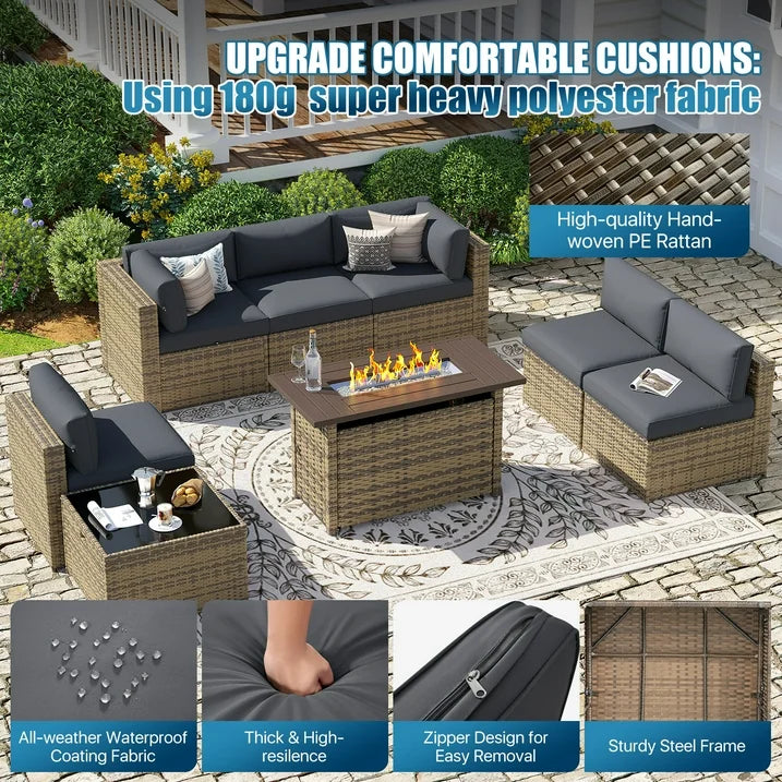 Sunmthink Patio Furniture Sets, 15-Piece Outdoor Patio Furniture with 44'' Propane Gas Firepit Table, Wicker Outdoor Conversation Set and Waterproof Cover for Backyard, Poolside, Garden