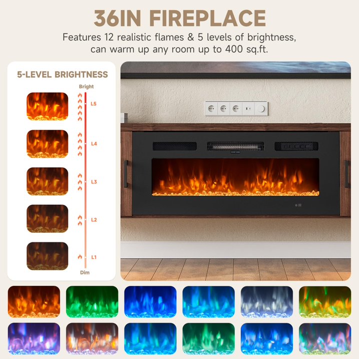 Sunmthink Floating TV Stand with 36" Electric Fireplace, High Gloss Finish Wall Mounted Fireplace Entertainment Center with Storage for TVs Up to 80", Brown