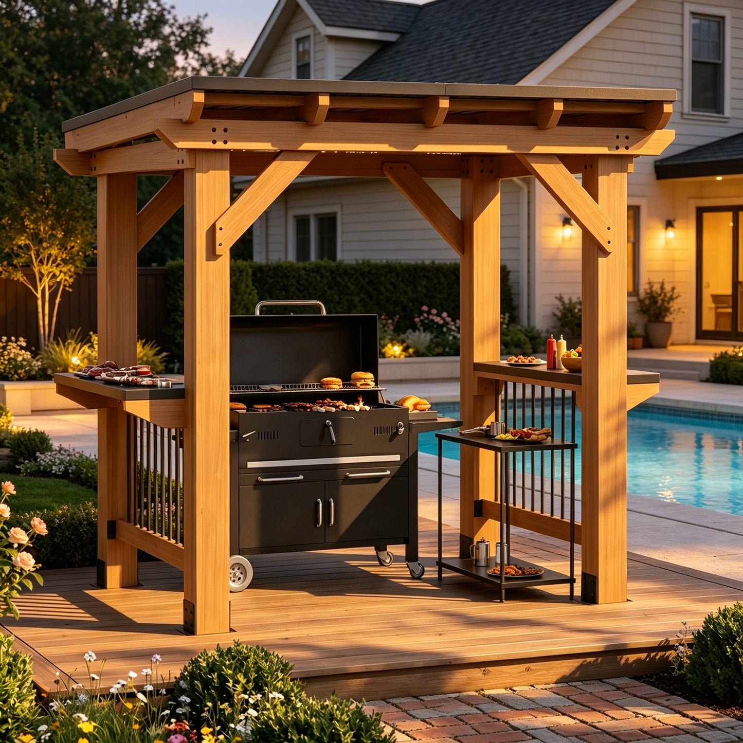 Sumnthink 5' x 8' Cedar Wood Grill Gazebo, Outdoor BBQ Shelter with Galvanized Steel Roof, Double Side Shelves for Backyard Patio