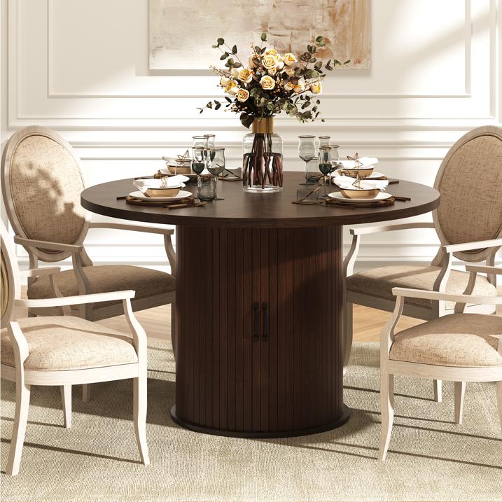 Sonegra 47-inch Round Dining Table with Storage, Modern Fluted Circle Kitchen Table with 2-Layer Storage and Sliding Door, for Kitchen Living Room, Brown