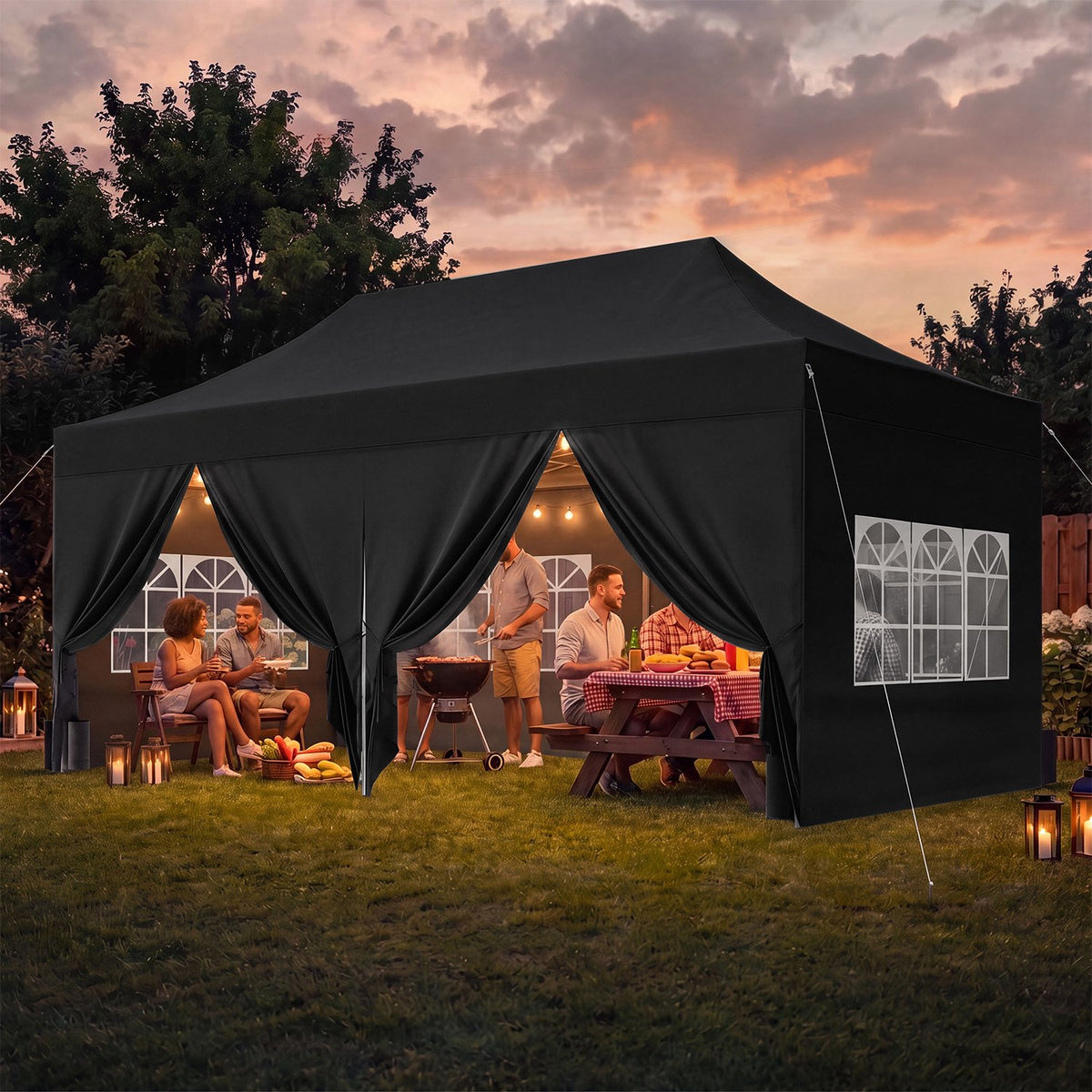 Dateyes 10x20 FT Pop Up Canopy Tent with 45mm Heavy Duty Steel Frame, Waterproof Outdoor Canopy, 3-Level Adjustable Height, Instant Party Tent with Roller Bag, Black