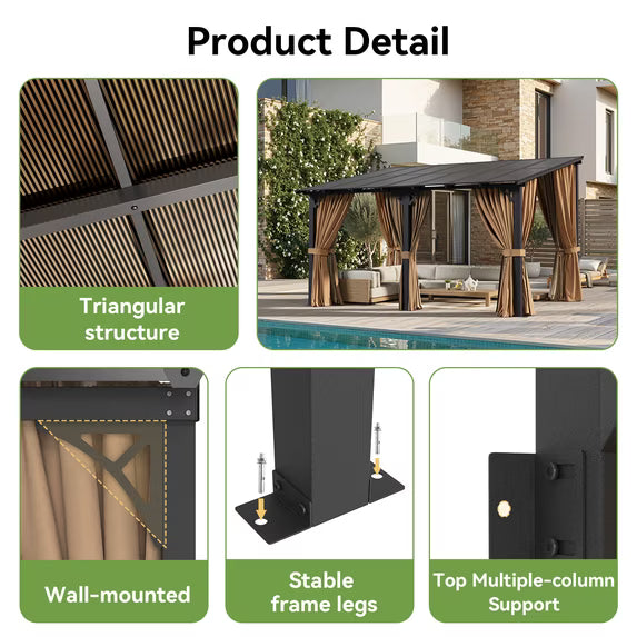 Dateyes 14‘x10’ Wall-Mounted Patio Gazebo with Durable Polycarbonate Roof, Full Bug Screens & Privacy Panels