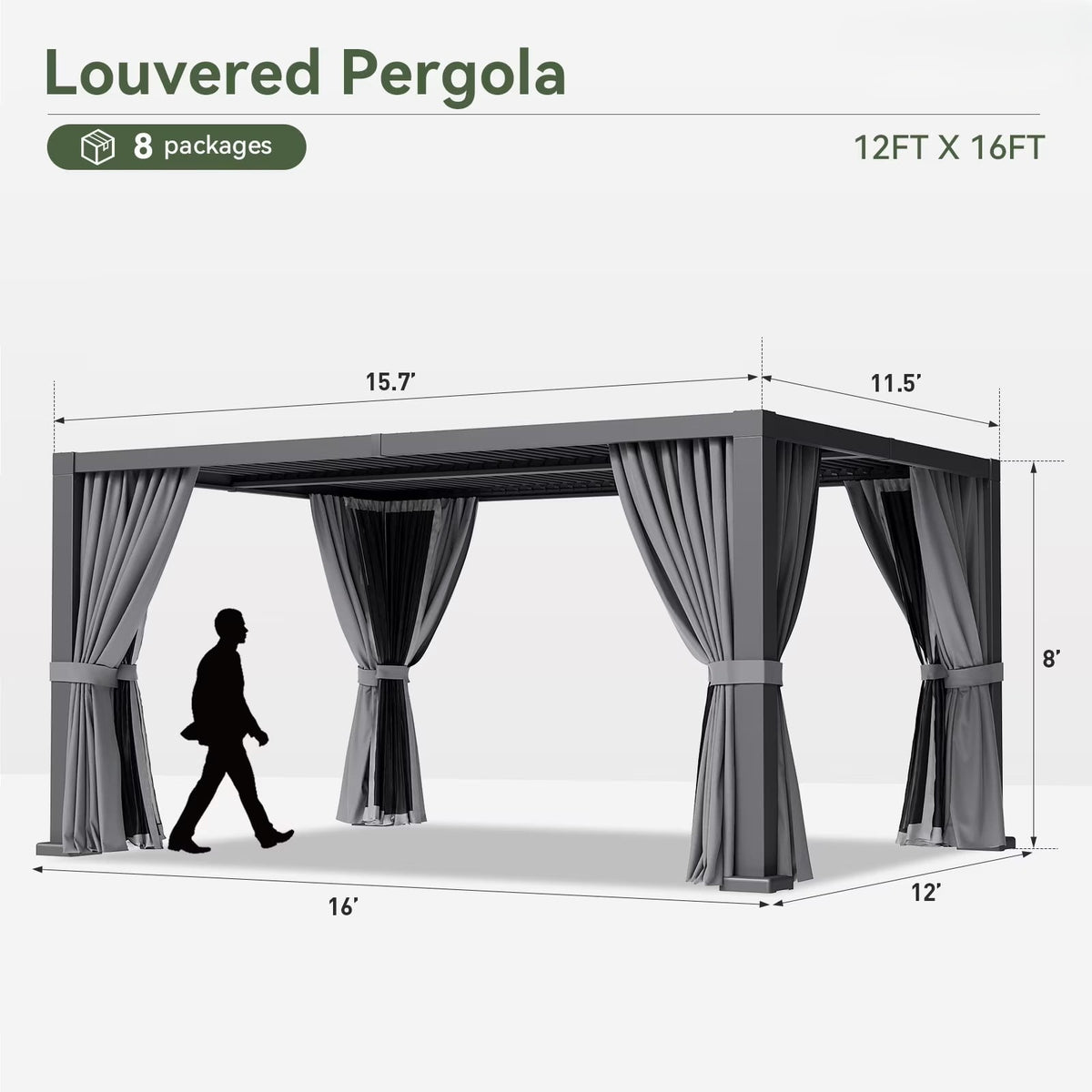 Clouddwell 12' × 16' Adjustable Louvered Pergola, Outdoor Aluminum Pergola with Curtains & Netting for Backyard, Deck & Poolside, Gray