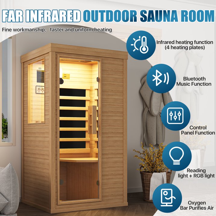 Sunmthink Full Spectrum Infrared Sauna ， 1-Person Home Sauna 850W Hemlock Wood Spa with Resonance Speaker & Tempered Glass