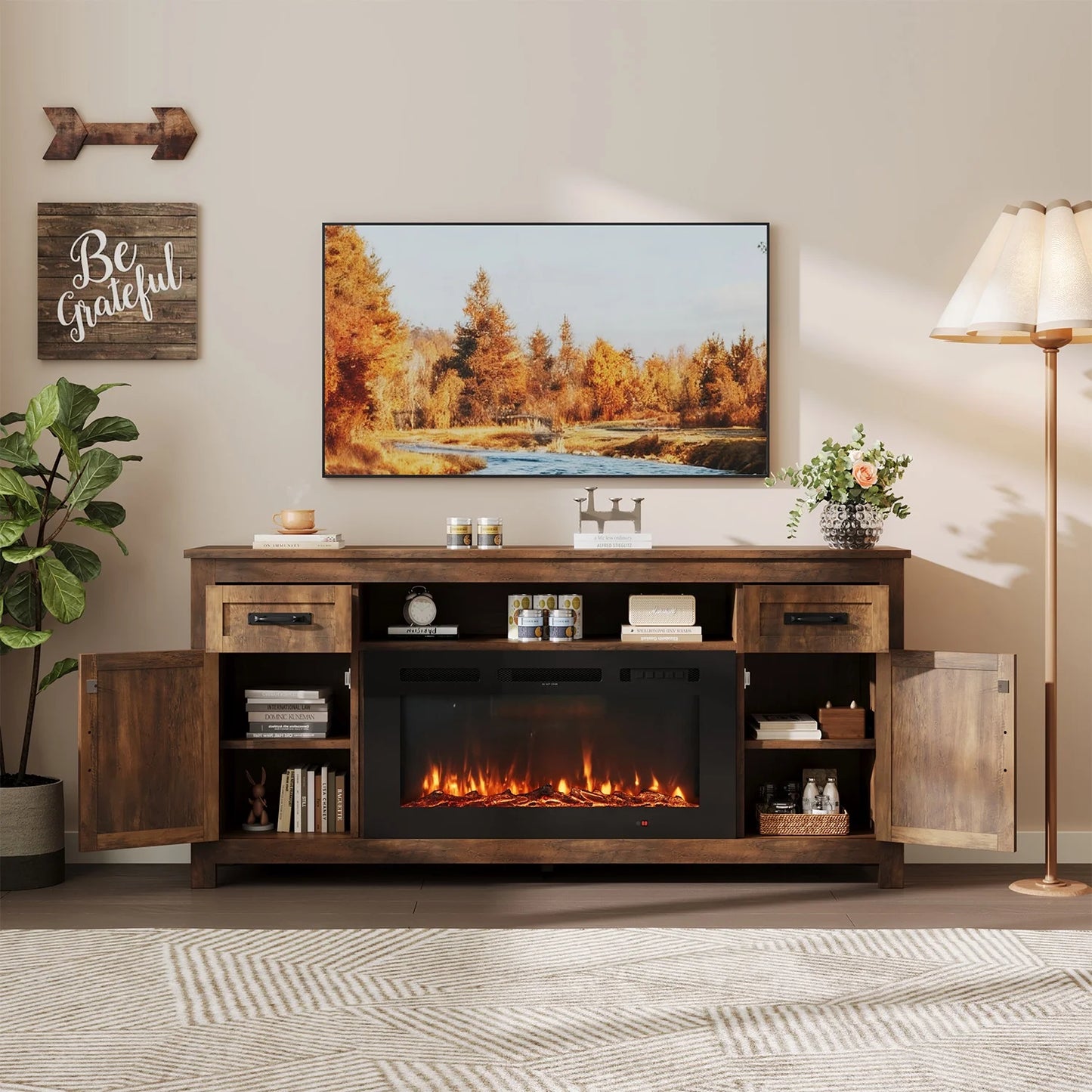 Sonegra 70" Fireplace TV Stand, Entertainment Center for TVs Up to 80”, TV Console with Storage Cabinets, Media Console for Living Room, Brown TV Stand and Black Fireplace