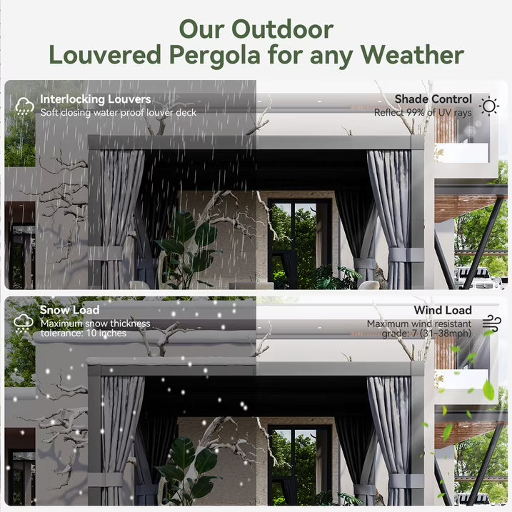 Aoxun Louvered Pergola 10' x 10' Outdoor Aluminum Pergola with Adjustable Top for Decks, Gardens and Backyards, Gray