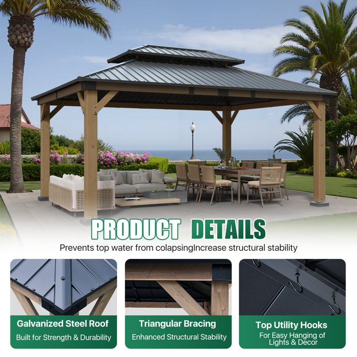 Clouddwell 12*16FT Upgraded Cedar Gazebo,Cedar Hard Roof Gazebo,with Double-Layer Galvanized Steel Roof,Suitable for Backyard,Desk,and Lawn.