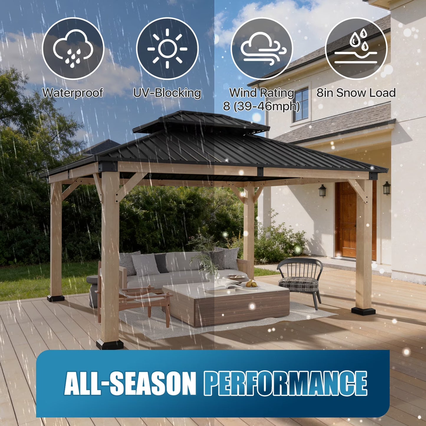 Sunmthink 12'x14' Outdoor Hardtop Gazebo, Cedar Wood Pavilion with Galvanized Steel Double Roof, for Patio, Garden, Deck
