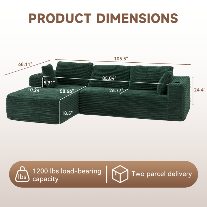Sunmthink Cloud Couch Corduroy Modular Sectional Sofa L-Shape Boneless Couch with Wide Armrests and Cup Holders for Living Room Bedroom, No Assembly Required (Black)