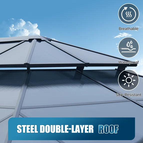 Sunmthink 12' x 16' Hardtop Gazebo,Polycarbonate Double Roof,Aluminum Frame with Curtains and Netting for Patio,Garden,Gray