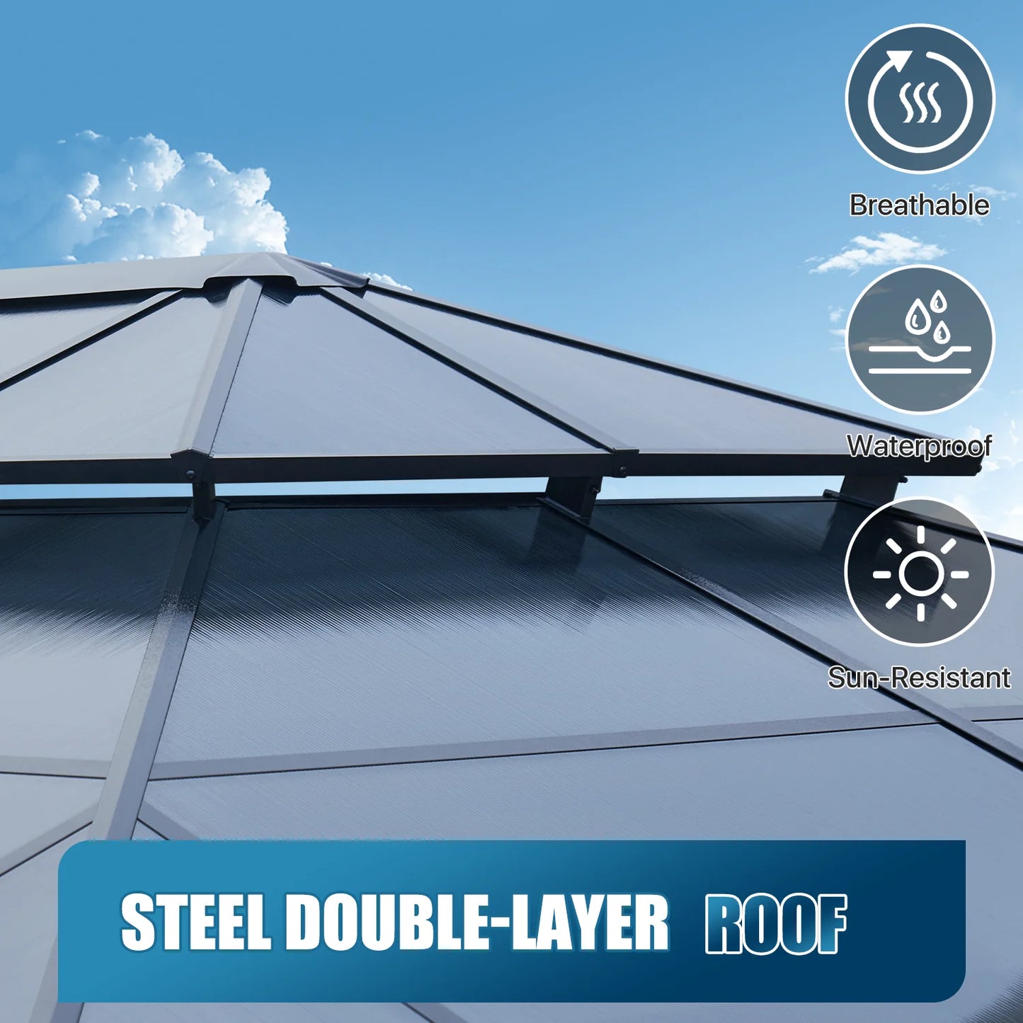 Sunmthink 10' x 14' Hardtop Gazebo,Polycarbonate Double Roof,Aluminum Frame with Curtains and Netting for Patio,Garden,Gray