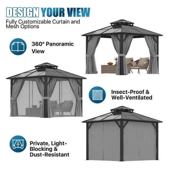 Sunmthink 10' x 10' Hardtop Gazebo,Polycarbonate Double Roof,Aluminum Frame with Curtains and Netting for Patio,Garden,Gray