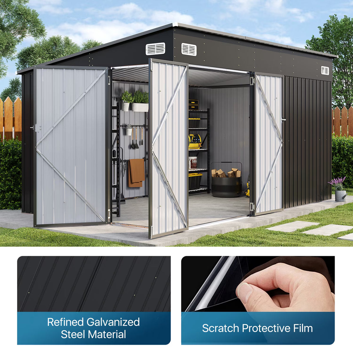 Dateyes 12' x 8' Metal Storage Shed with Triple Doors, Lockable Lean-to Design & Vents, Black