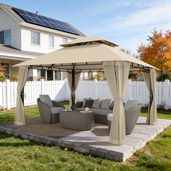 LazySunsets 12'x 10' Patio Gazebo Double Roof Protection All-Weather Outdoor Shelter Features Insect Screens for Backyard, Lawn, (Beige)