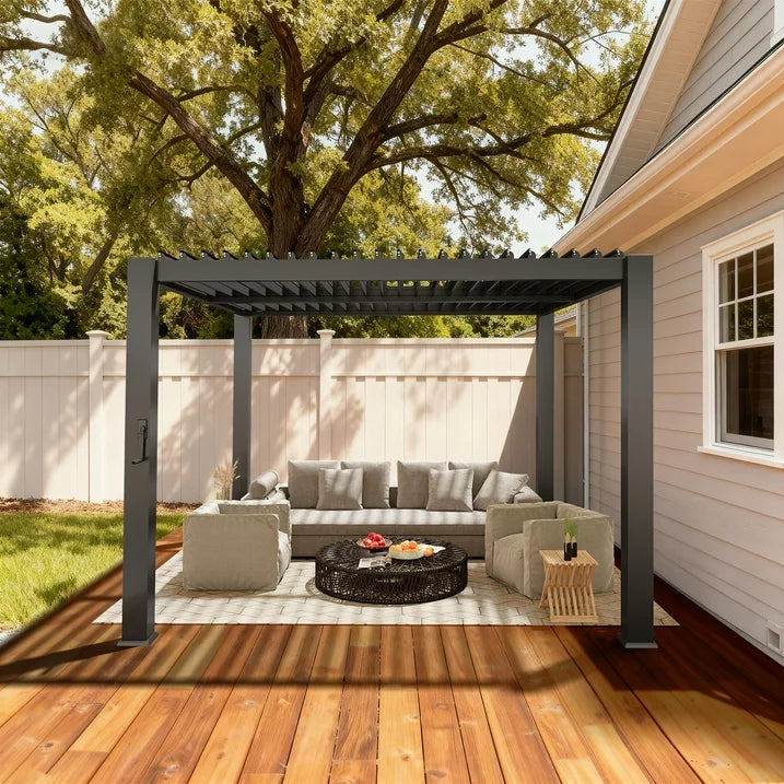 Clouddwell Louvered Pergola with Adjustable Top, 10'x10' Outdoor Metal Pergola, Gray, for Patio, Garden and Backyard