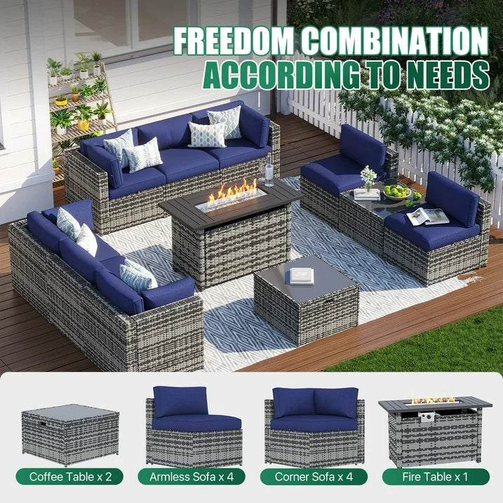 Clouddwell 11 Piece Patio Furniture Set with 44” Fire Pit Table Wicker Rattan Patio Conversation Set Outdoor Sectional Sofa Set with Coffee Table and Blue Cushions