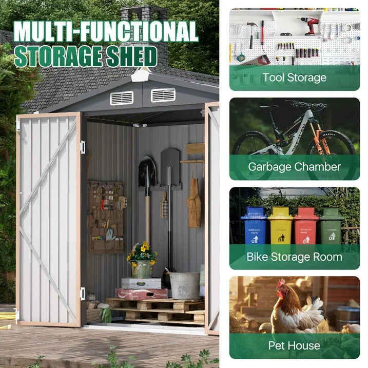Clouddwell 6x4 ft. Metal Storage Shed with Base, Galvanized Steel Outdoor Garden Shed (Brown)