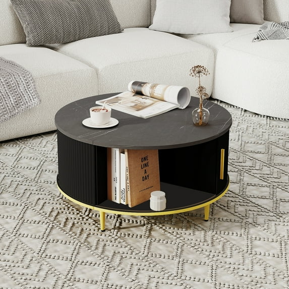 Sonegra Mid-Century Modern Round Coffee Table - Black with Sliding Door Storage for Living Room