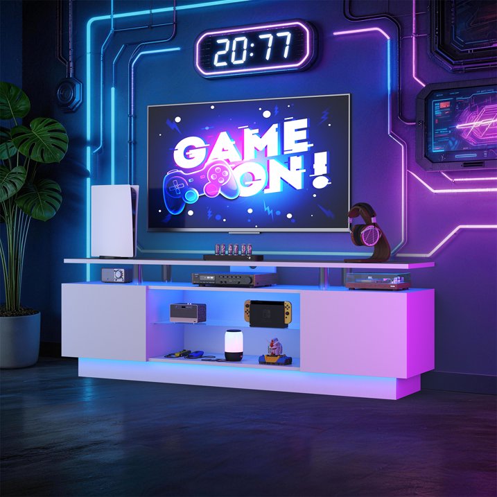 Sonegra 70" High-Gloss TV Stand with 2 Side Cabinets, Modern TV Console with LED Lights, Gaming Media Cabinet with Adjustable Glass Shelf, Remote & APP Control, Black
